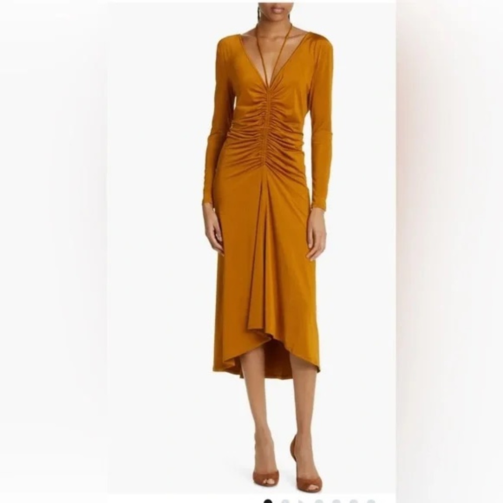 Veronica Beard Gilbert Ruched Long Sleeve Dress Yellow Gold Midi